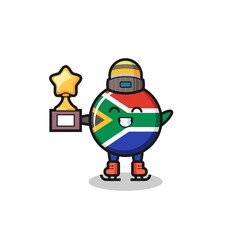 south africa flag cartoon as an ice skating player hold winner trophy