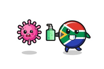 illustration of south africa flag character chasing evil virus with hand sanitizer