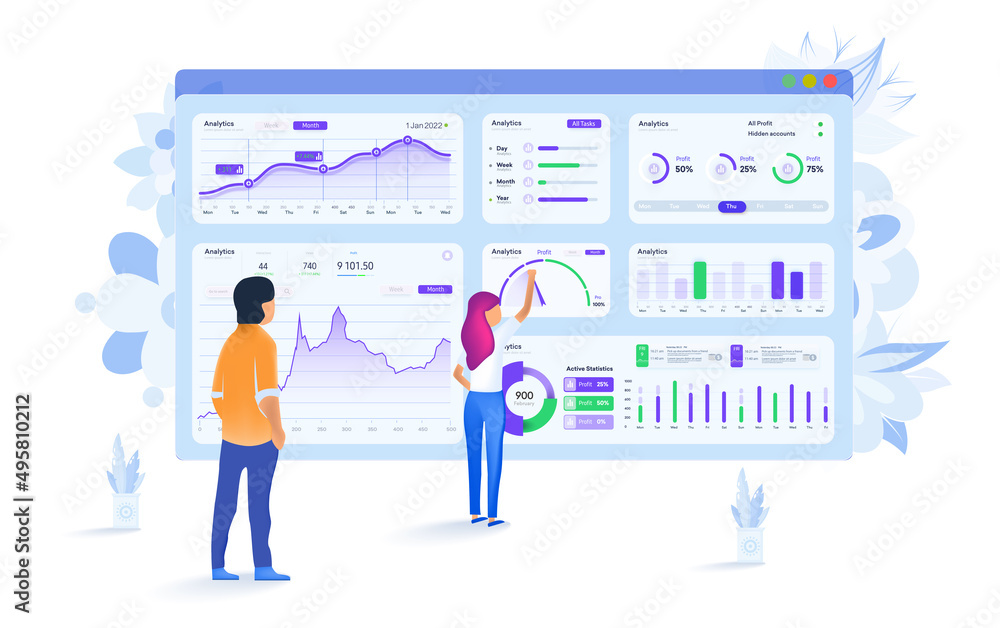 Leinwandbilder people study the dashboard and interact with the charts. modern flat design, isometric data analysis