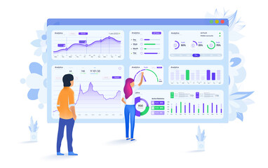 People study the dashboard and interact with the charts. Modern flat design, isometric data analysis concept for website and mobile website. The concept of digital data analysis. Analytics admin panel