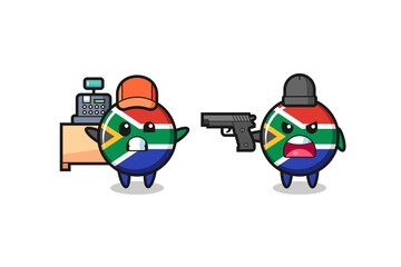 illustration of the cute south africa flag as a cashier is pointed a gun by a robber