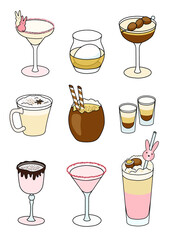 A4 poster collection set of Easter special yellow pink cocktails such as Margarita, Old Fashioned, Pink Martini and other. Sugar bunny and sweet chocolate decor. Doodle cartoon style illustration.