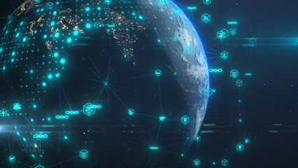 Supply chain smart contract computer code agreement on blockchain network - illustration rendering