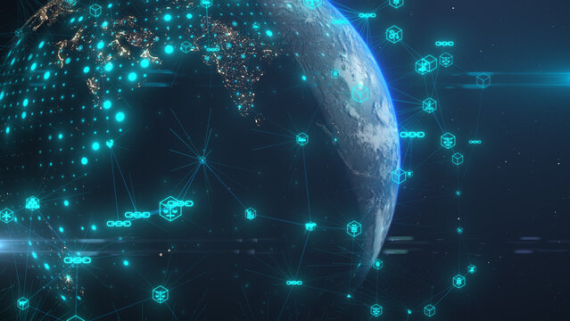 Supply chain smart contract computer code agreement on blockchain network - illustration rendering