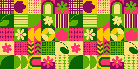 Wiosenna mozaika - abstrakcyjne geometryczne kształty z kwiatowym motywem. Ilustracja wektorowa.
