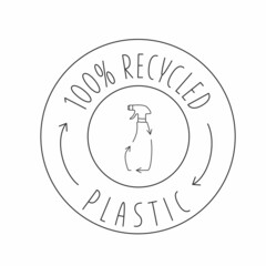 Made from recycled plastic - cleaning bottle icon concept of waste sorting. Editable stroke. Vector stock illustration isolated on white background for packaging logo print. 