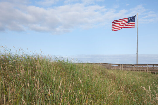 American flag flying in grassland.