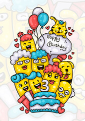 family and friends wishing happy third birthday to the baby boy hand drawn doodle artwork