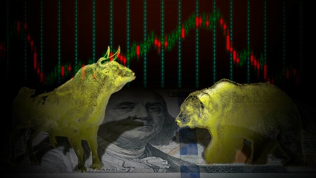 Textured image of bull and bear. Ups and downs in the price of the dollar on a dark background.