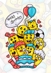 family and friends wishing happy fifth birthday to the little boy hand drawn doodle artwork