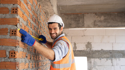 Middle Eastern, Turkish, Iranian handsome engineer handsome is working happily using a tape measure. Male workers wear personal protective equipment such as hard hats, gloves and reflective vests.