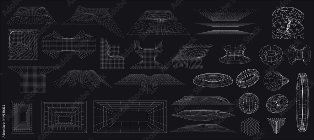 Poster geometric shapes. abstract net structure deformation, flowing surface. memphis design, retro element