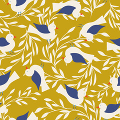 Gold with cream leaves and white and blue winged birds seamless pattern background design.