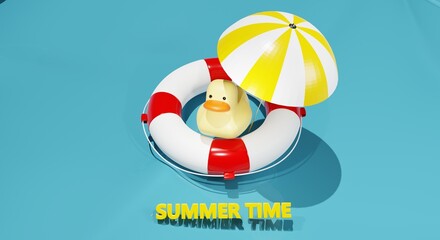3d render. summer marine composition. rubber duck. lifebuoy. beach umbrella from the sun. 3d illustration