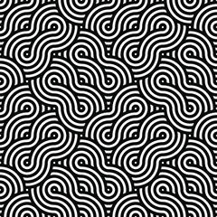 geometric seamless background with a pattern consisting of a sequence of overlapping waves, circles and squares of different warm colors. A recurring geometric theme.