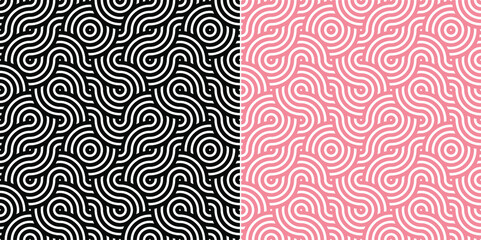 geometric seamless background with a pattern consisting of a sequence of overlapping waves, circles and squares of different warm colors. A recurring geometric theme.