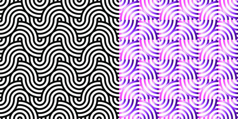 geometric seamless background with a pattern consisting of a sequence of overlapping waves, circles and squares of different warm colors. A recurring geometric theme.