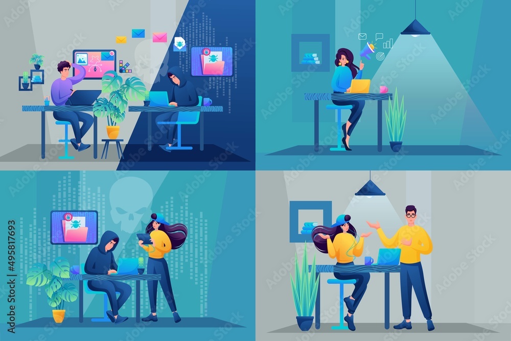 Poster Set of web design. Hacker hacks the mail and makes an attack on the network. Marketing department and creative department. 2D characters