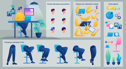 Stylized Business Character, Men Programmer. Set for Animation. Use Separate Body Parts to Create An Animated Character. Set of Emotions, Hairstyles, Hands and Feet