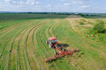 A red tractor rakes the mown grass for drying. Modern equipment on the field.