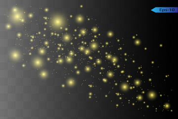Fototapeta na wymiar The dust sparks and golden stars shine with special light. Vector sparkles on a dark background.