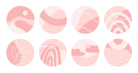 Trendy, lifestyle, vector set, pink, social media highlights with light pastel colours. Minimalist abstract icons for social media stories and bloggers. 