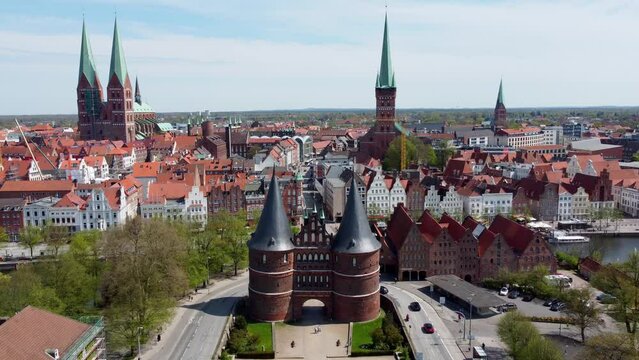 Famous Holstentor in the city of Lubeck Germany - aerial photography
