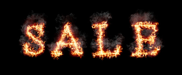Fototapeta premium Word sale burning with fire and smoke, digital art isolated on black background