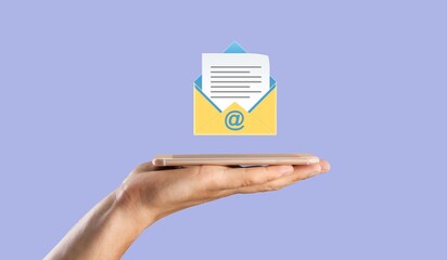 Businessman holding letter icon, email icons. Contact us by newsletter email and protect your personal information from spam mail.