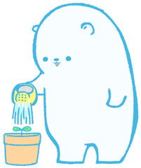 鉢植えの双葉に水をあげるしろくま（青色）