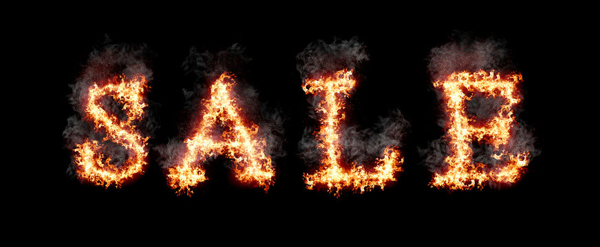 Word sale burning with fire and smoke, digital art isolated on black background