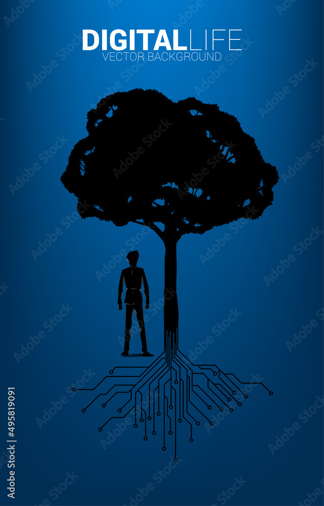 Poster Businessman and Tree with from digital line connect dot circuit board style. Background concept for digital transformation.