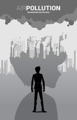 Obraz premium Businessman and Silhouette boy head with mask and smoke from city and factory. Concept for Air pollution and environment crisis.