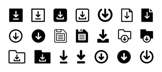 Download button icon collection. Downloading file icon set on black and white design.