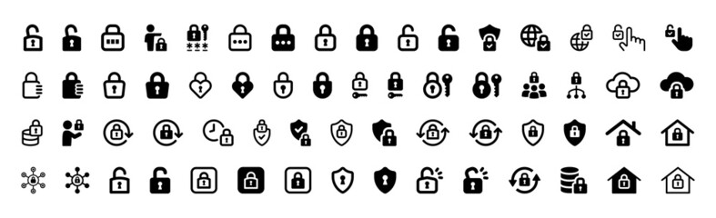 Security system icon collection. Containing padlock, key, locked, protection shield icon. Vector illustration