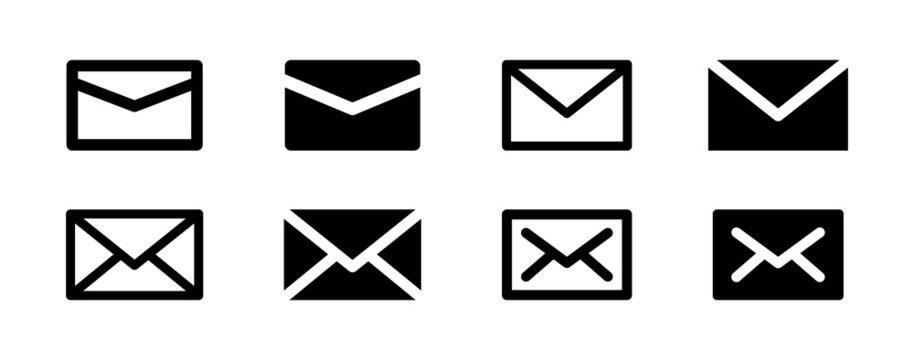 Black simple email icon collection. Letter symbol isolated on white background.