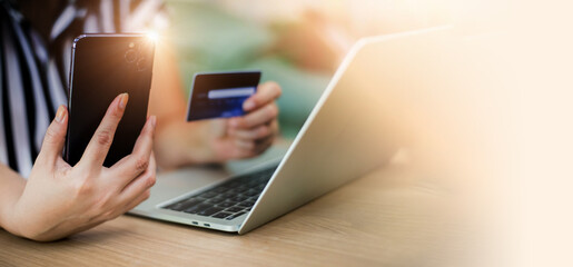 Online shopping, payment at the store, credit card, concept