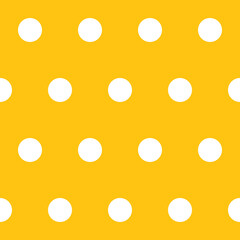 Abstract background seamless pattern tile vector. White circles on gold yellow background. Geometric polka dots ornament. Repeating texture. Backdrop. Wallpaper. Gift wrapping paper. Fabric print.