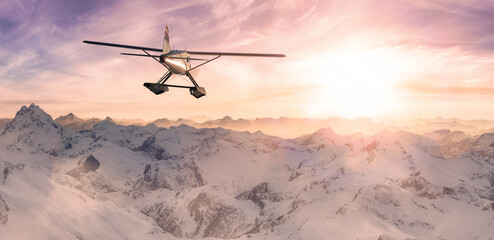 Fototapeta na wymiar Aerial Panoramic View of Canadian Rocky Mountain Landscape with Seaplane Flying. 3d Rendering Airplane. Background Image near Vancouver, British Columbia, Canada. Sunset