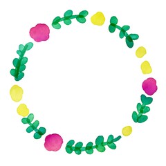 水彩画。水彩タッチの花と草木のリースフレーム。グラデーションカラーの北欧風草木イラスト。Watercolor. Wreath frame of flowers and plants with watercolor touch. Scandinavian style grass and trees illustration in gradient colors.