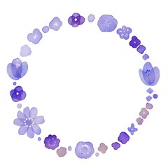 水彩画。水彩タッチの花と草木のリースフレーム。グラデーションカラーの北欧風草木イラスト。Watercolor. Wreath frame of flowers and plants with watercolor touch. Scandinavian style grass and trees illustration in gradient colors.