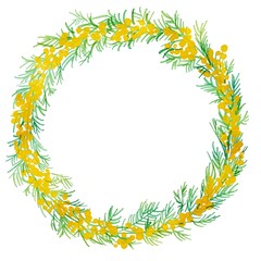 水彩画。水彩タッチのミモザのリースフレーム。グラデーションカラーのミモザイラスト。Watercolor. Mimosa wreath frame with watercolor touch. Mimosa illustration in gradient colors.