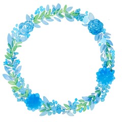 水彩画。水彩タッチのバラと草木のリースフレーム。グラデーションカラーの植物イラスト。Watercolor. Wreath frame of roses and plants with watercolor touch. Botanical illustration in gradient colors.