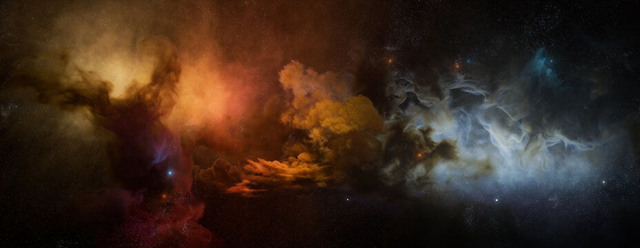 Cosmos Banner. Sci-Fi Night Sky Panorama with Orange and Blue Colors.