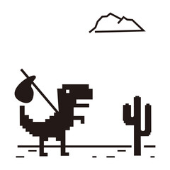 Travel love shows by a dinosaur is running in desert with his luggage on white background
