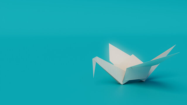White Origami Bird on Turquoise Background with Copy Space. Minimalist Design with Folded Paper Bird.