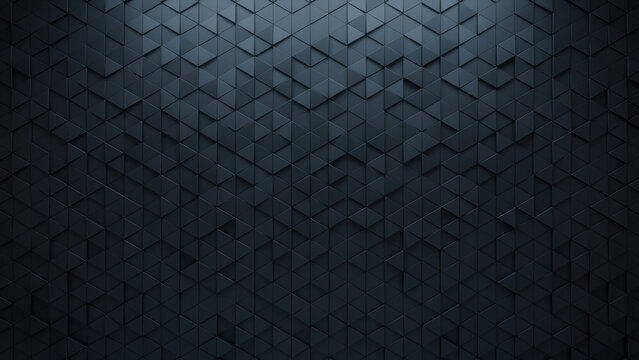 Polished, 3D Mosaic Tiles arranged in the shape of a wall. Triangular, Semigloss, Bricks stacked to create a Black block background. 3D Render