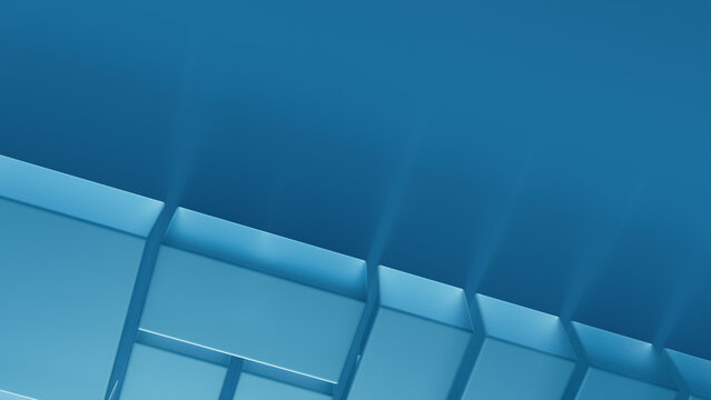 Translucent Blocks on a Blue Surface. Futuristic Tech Concept with copy space. 3D Render.