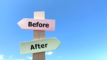 BeforeとAfter文字入り道しるべと青空_右空間
