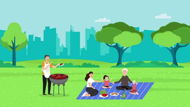 Three generation family having barbeque at park